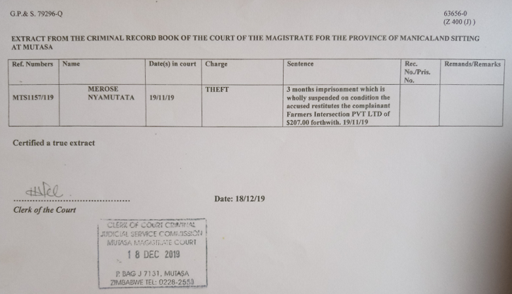 Merose Nyamutata Conviction Extract Nov2019