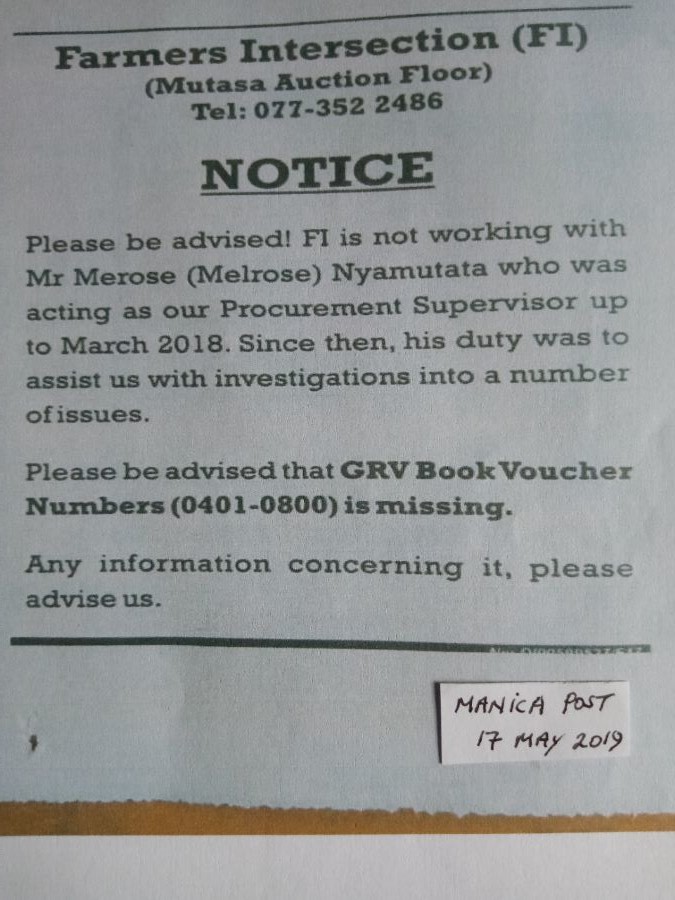 Merose Nyamutata Manica Post Notice 20190517